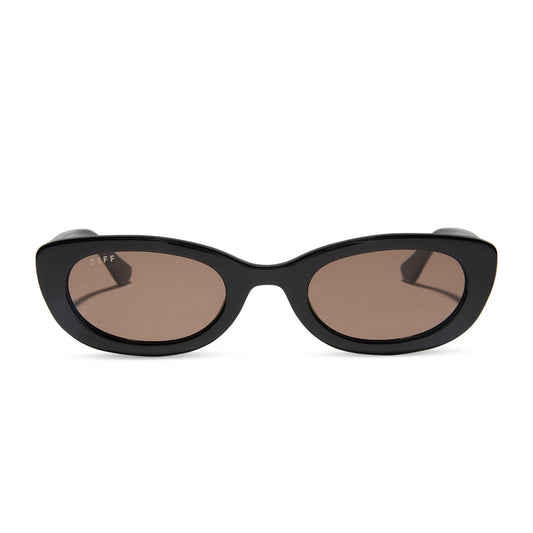 jojo fletcher x diff eyewear jordy round cat eye sunglasses with a black acetate frame and brown lenses front view