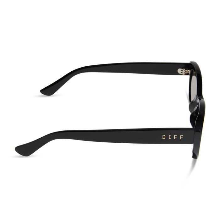 jojo fletcher x diff eyewear jordy round cat eye sunglasses with a black acetate frame and brown lenses side view