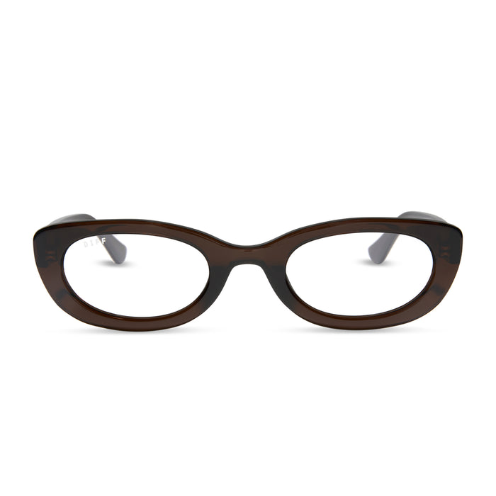 jojo fletcher x diff eyewear jordy round cat eye prescription glasses with a chocolate crystal acetate frame front view