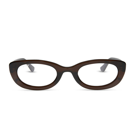 jojo fletcher x diff eyewear jordy round cat eye prescription glasses with a chocolate crystal acetate frame front view