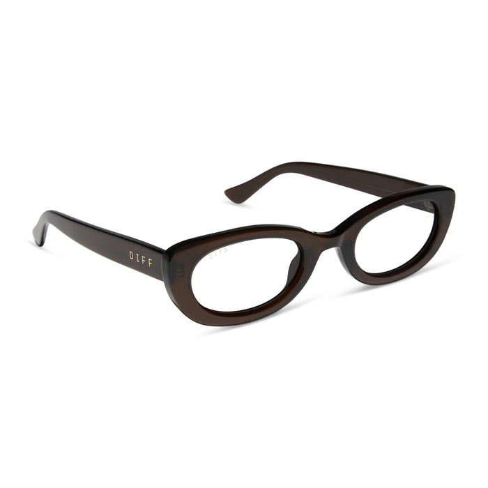 jojo fletcher x diff eyewear jordy round cat eye prescription glasses with a chocolate crystal acetate frame angled view