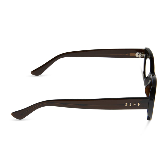 jojo fletcher x diff eyewear jordy round cat eye prescription glasses with a chocolate crystal acetate frame side view