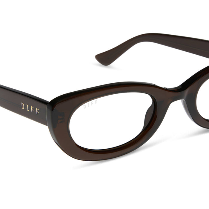 jojo fletcher x diff eyewear jordy round cat eye prescription glasses with a chocolate crystal acetate frame detailed view