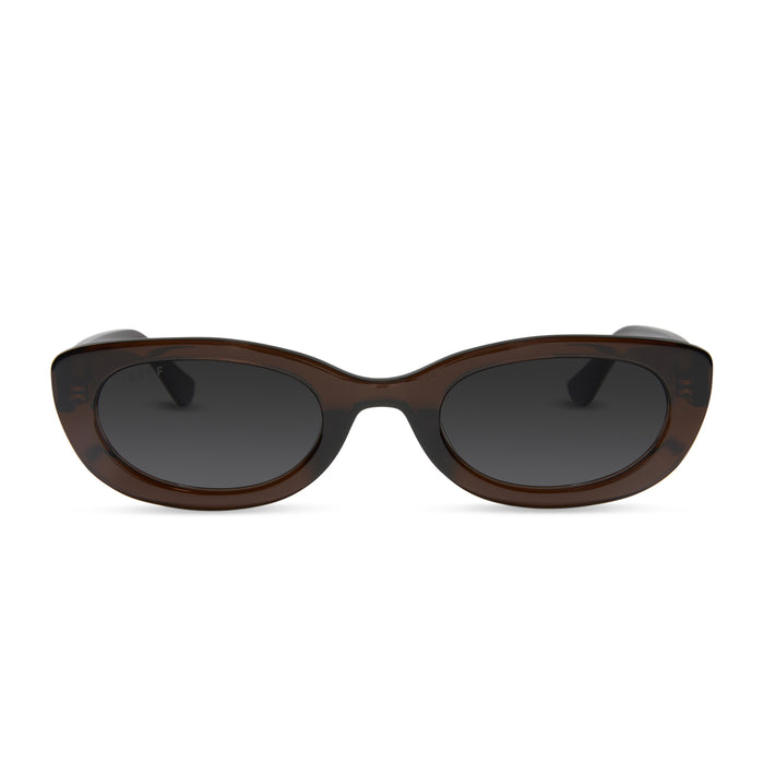 jojo fletcher x diff eyewear jordy round cat eye prescription sunglasses with a chocolate crystal acetate frame front view