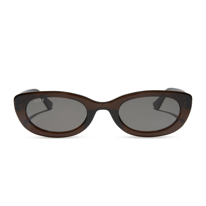 jojo fletcher x diff eyewear jordy round cat eye sunglasses with a chocolate crystal acetate frame and grey polarized lenses front view