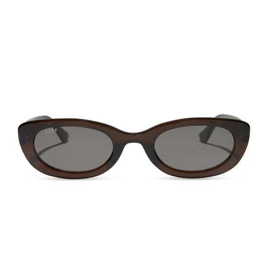 jojo fletcher x diff eyewear jordy round cat eye sunglasses with a chocolate crystal acetate frame and grey polarized lenses front view