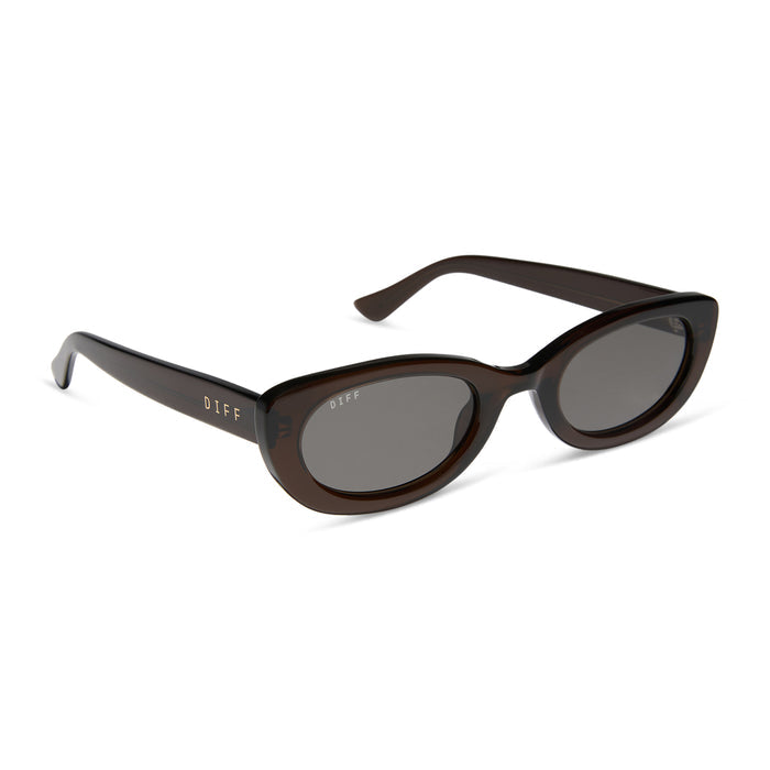 jojo fletcher x diff eyewear jordy round cat eye sunglasses with a chocolate crystal acetate frame and grey polarized lenses angled view