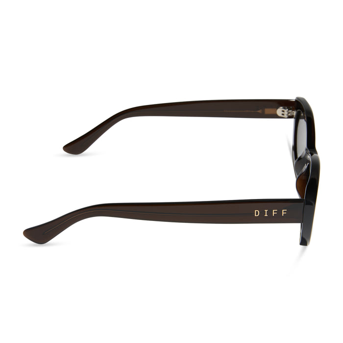 jojo fletcher x diff eyewear jordy round cat eye sunglasses with a chocolate crystal acetate frame and grey polarized lenses side view
