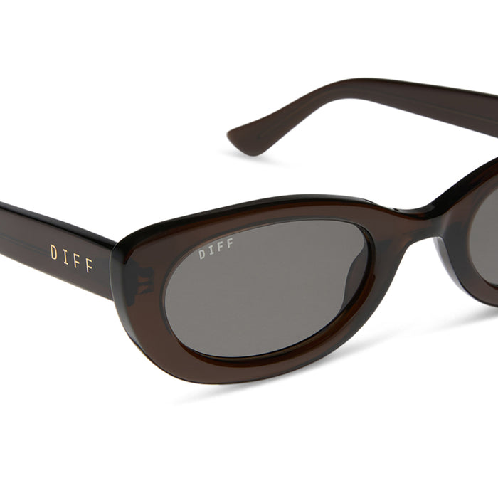 jojo fletcher x diff eyewear jordy round cat eye sunglasses with a chocolate crystal acetate frame and grey polarized lenses detailed view