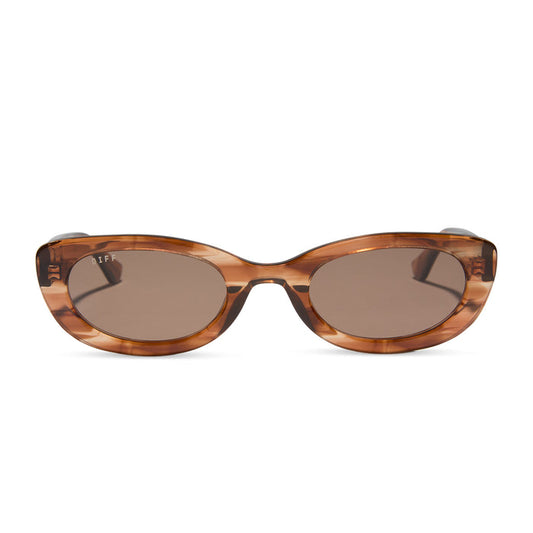 jojo fletcher x diff eyewear jordy round cat eye sunglasses with a horn tortoise acetate frame and brown lenses front view