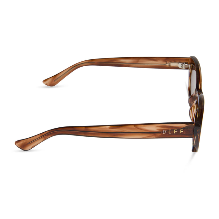 jojo fletcher x diff eyewear jordy round cat eye sunglasses with a horn tortoise acetate frame and brown lenses side view