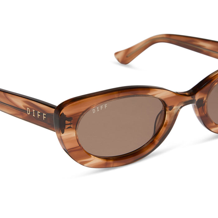jojo fletcher x diff eyewear jordy round cat eye sunglasses with a horn tortoise acetate frame and brown lenses detailed view