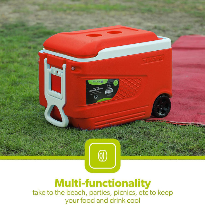 Red 45L Large Insulated Ice Cooler Box With Wheels