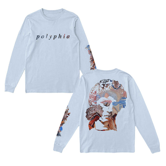 White long sleeve shirt with polyphia written across the chest in black font. On one of the sleeves there is a colorful flower design. The back of the shirt is a drawing of a renaissance statue of a woman, shaded with the same flower design.