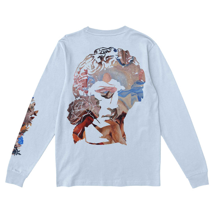 The back of the shirt is a drawing of a renaissance statue of a woman, shaded with the same flower design.