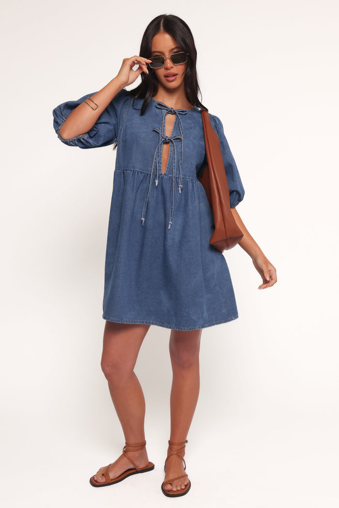 Petal and Pup USA DRESSES Romana Tie Front Mini Dress - Dark Denim