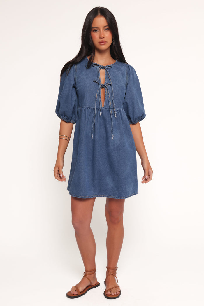 Petal and Pup USA DRESSES Romana Tie Front Mini Dress - Dark Denim