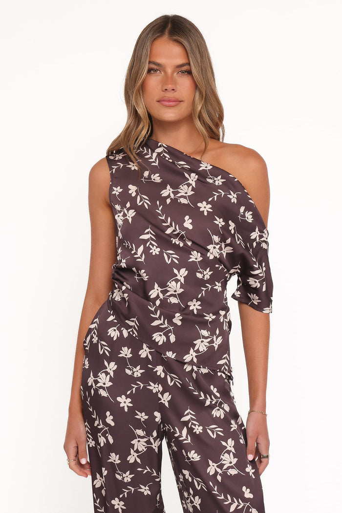 Petal and Pup USA TOPS Romola Off Shoulder Top - Brown Cream Floral