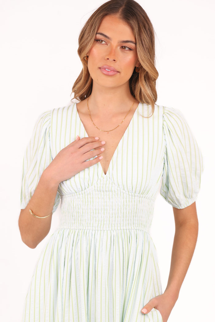 Petal and Pup USA DRESSES Ronnie Short Sleeve Midi Dress - Green Blue Stripe