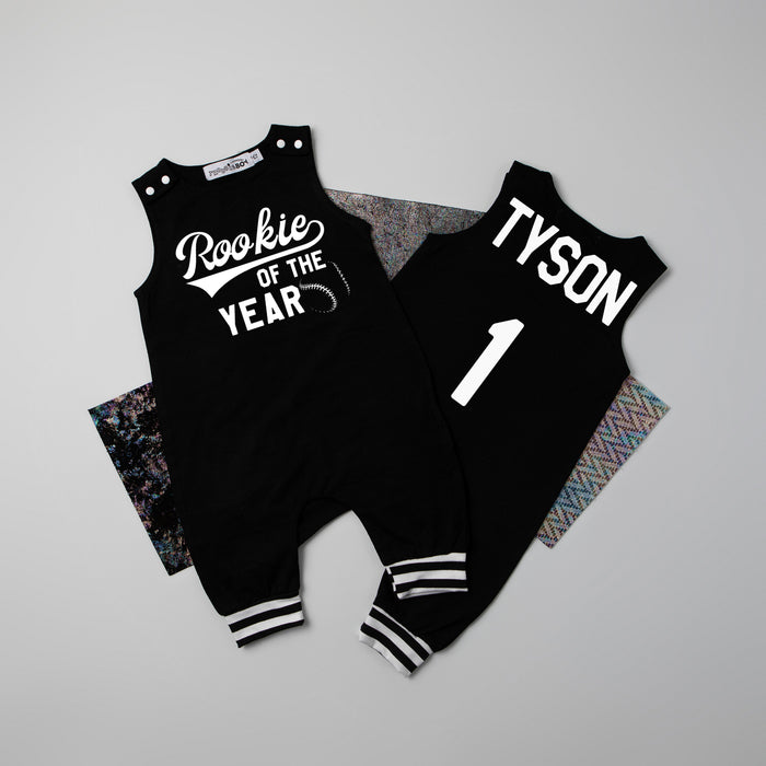 "Rookie of the Year" Baseball Romper with Striped Cuff