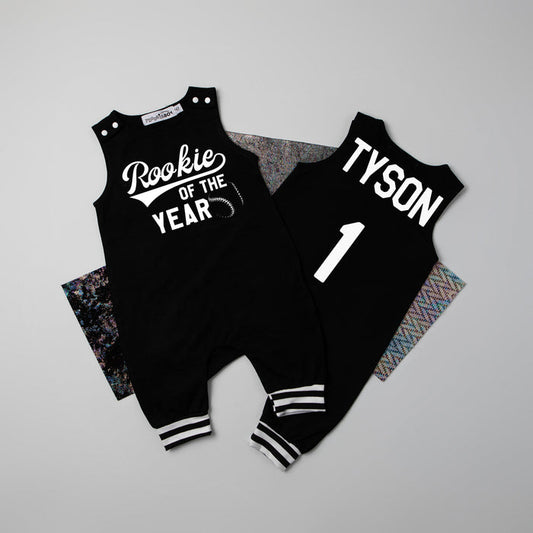 "Rookie of the Year" Baseball Romper with Striped Cuff