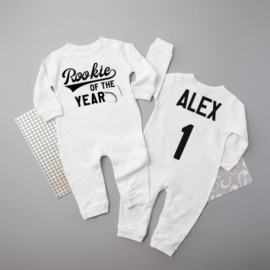 "Rookie of the Year" Baseball Themed First Birthday Long Sleeve Romper