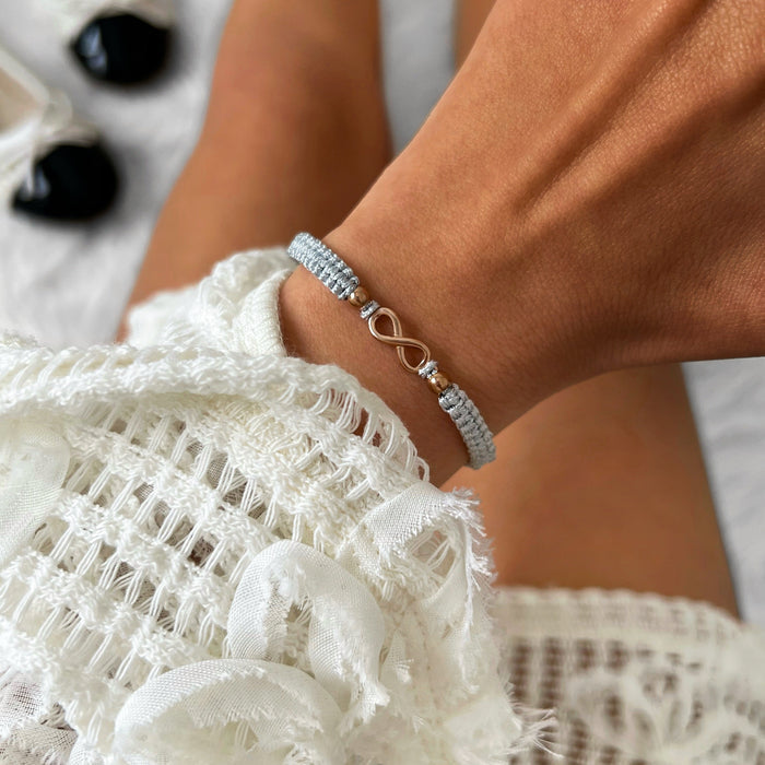 Rose Infinity Grey Braided Bracelet