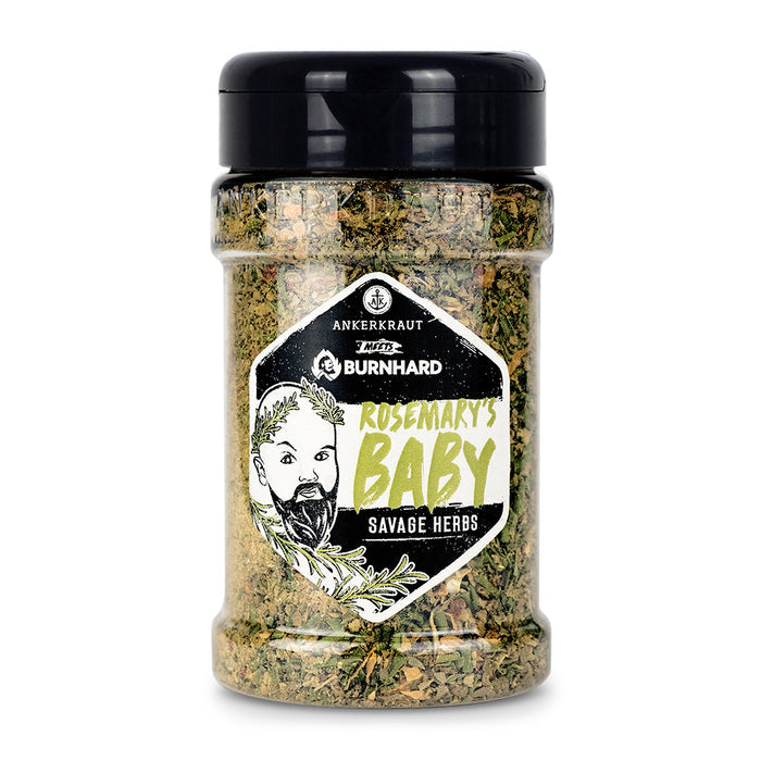 Ankerkraut Rosemaries Baby im Gewürzstreuer vor weißem Hintergrund.
