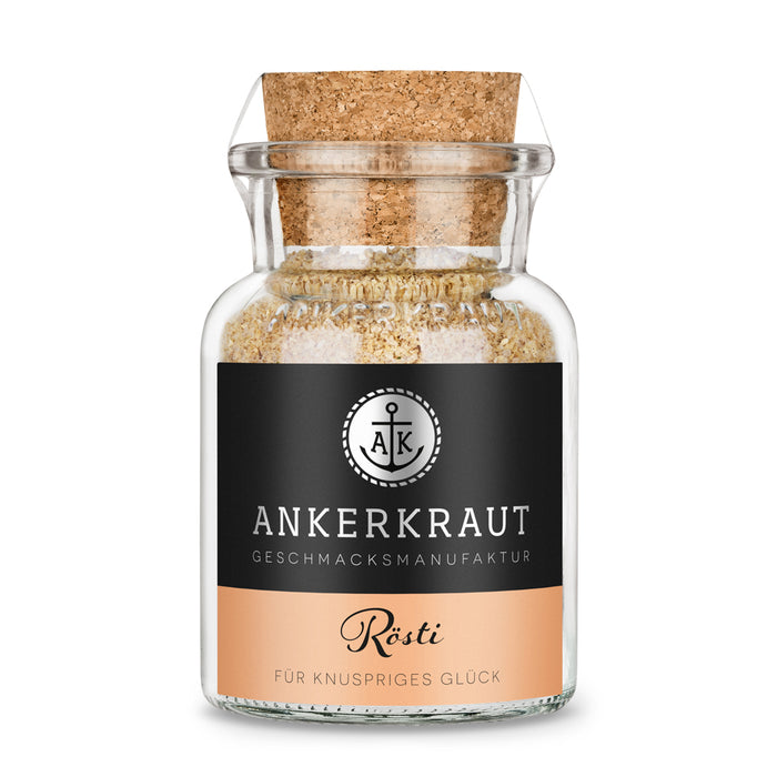 Rösti Gewürz von Ankerkraut im Korkenglas auf weißem Hintergrund.