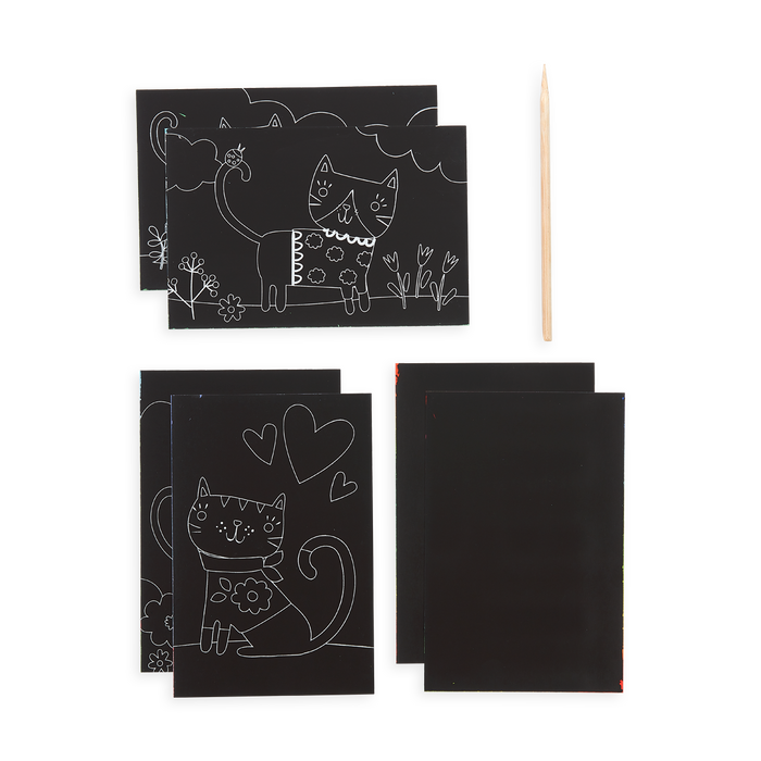Supplies included in the Cutie Cats Scratch and Scribble Mini Scratch Art Kit
