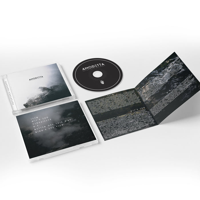 CD, CD cover, and CD booklet against white background. CD is Black with "AMORETTA SEVENTEEN SEVENTY" printed in white. CD cover is a black and white picture of a rock with "AMORETTA SEVENTEEN SEVENTY" printed in black. Back of CD cover is a black and white picture of smoke with the track list printed. CD booklet had lyrics to each track printed.
