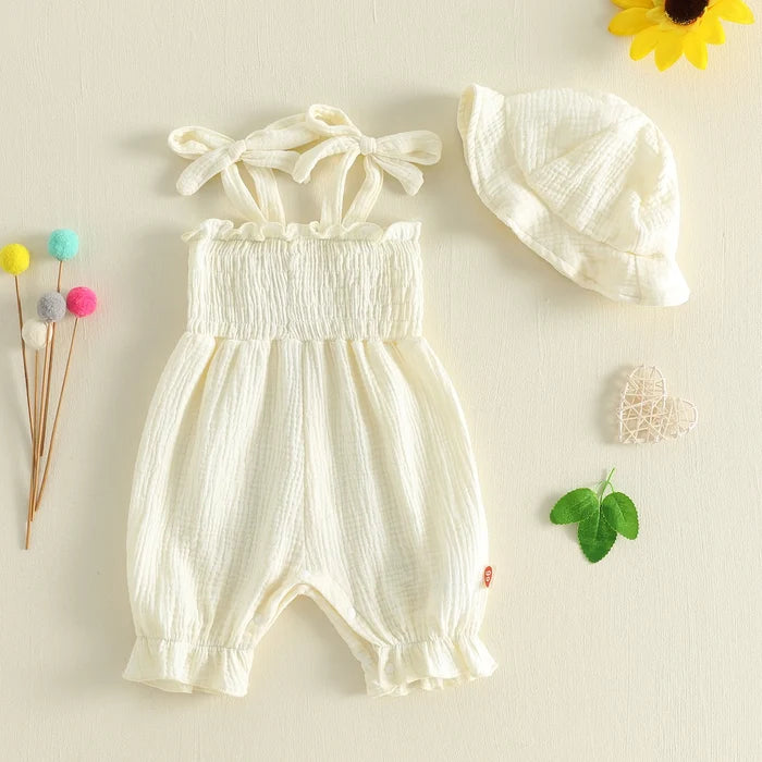 SHAY Smocked Jumpsuit with Sun Hat