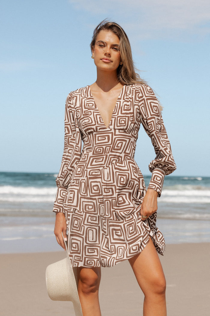Petal and Pup USA DRESSES Sheridan Long Sleeve Mini Dress - Chocolate Brown Print (Hold for Rack)