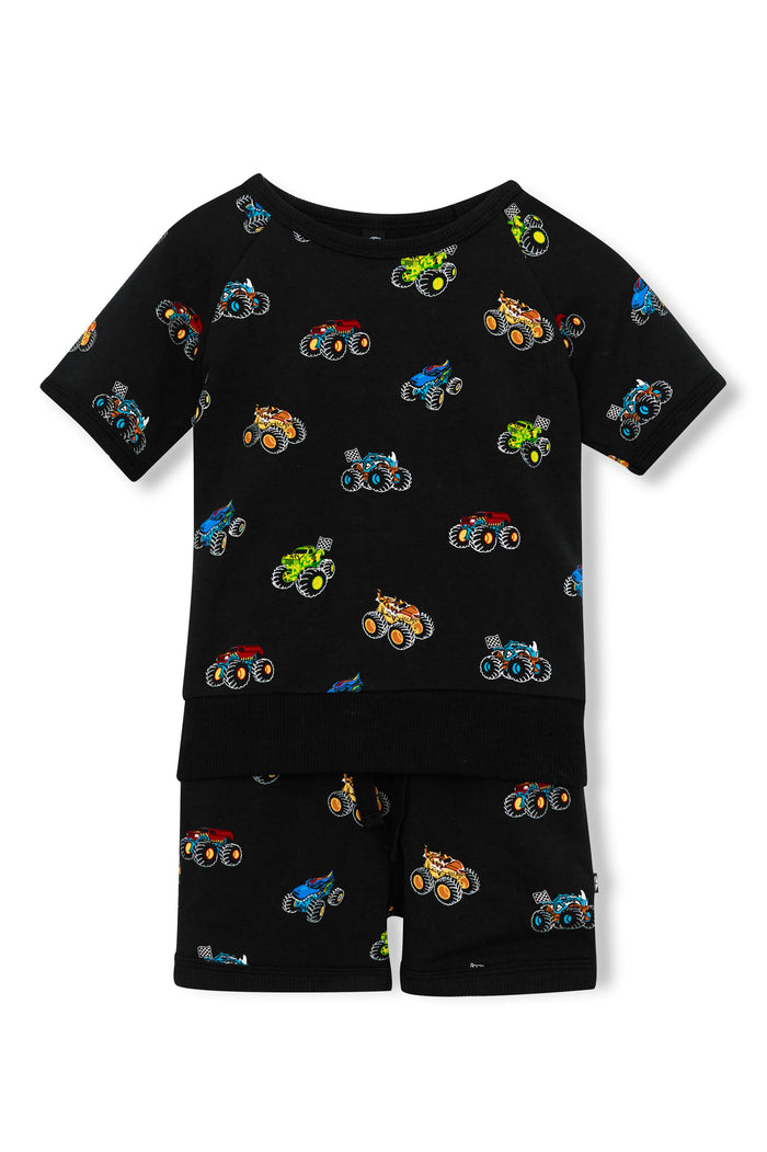 Short Sleeve Jogger Set in Monster Truck print on white background