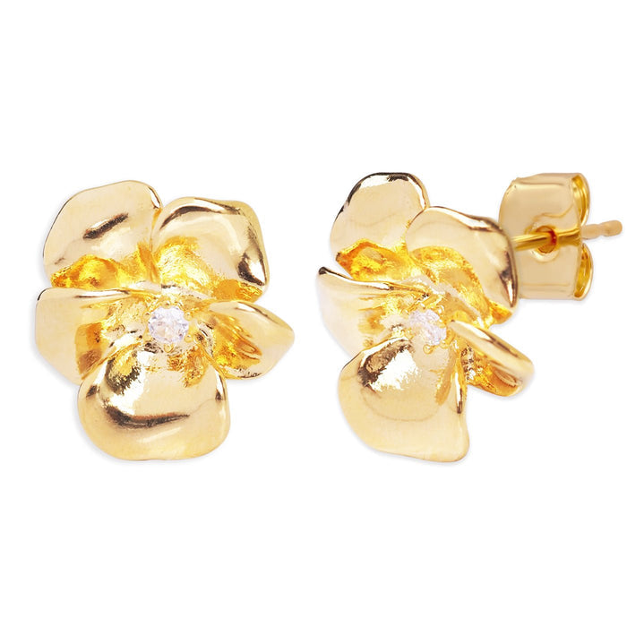 Simple gold metal flower post earring with CZ accent in Gold