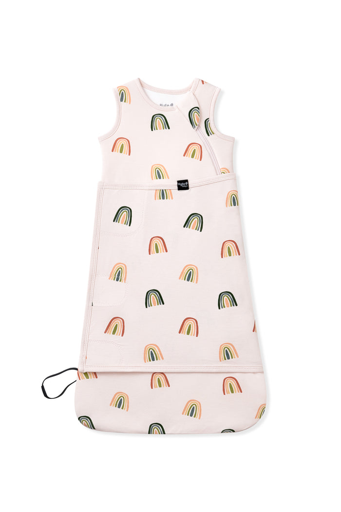 Vanilla cream Sleep Bag Swaddler in Retro Rainbow 1.0 print on a white background