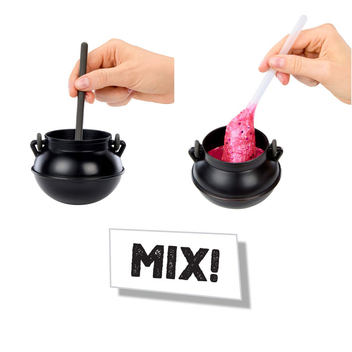 Black cauldron-shaped containers with straws and pink liquid, labeled 'MIX!'.