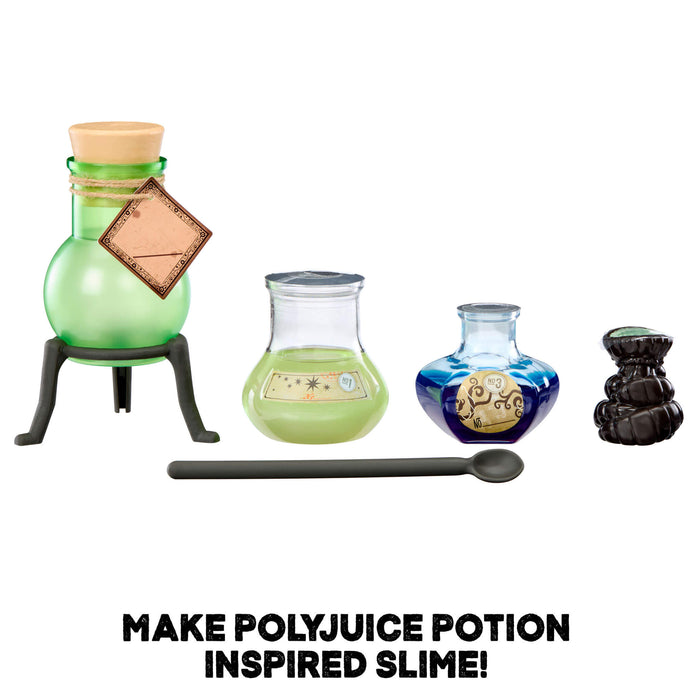 Set of potion bottles and ingredients for making polyjuice potion inspired slime on a white background.