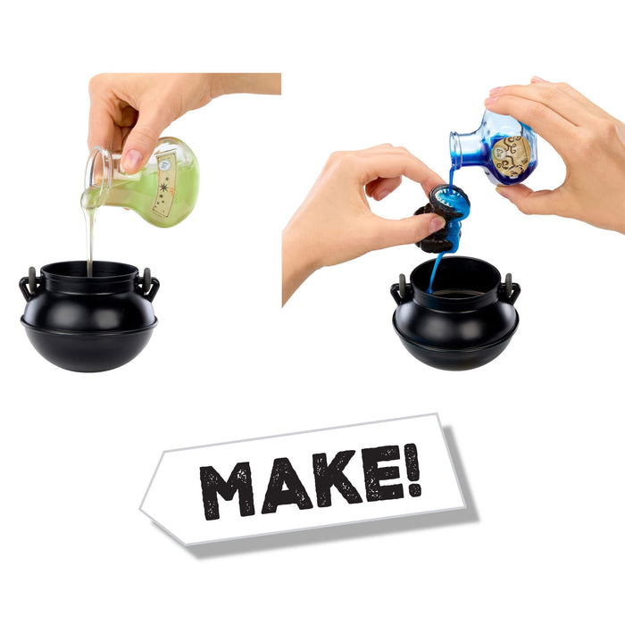 Hands pouring liquids into black cauldrons with a 'MAKE!' sign below on a white background