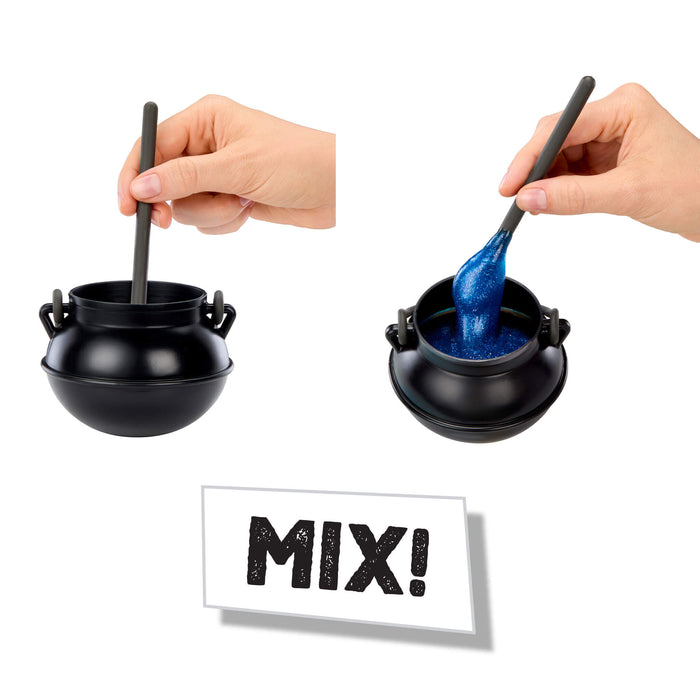 Two black cauldron-shaped containers with spoons, one being stirred with blue substance, on a white background with 'MIX!' text.