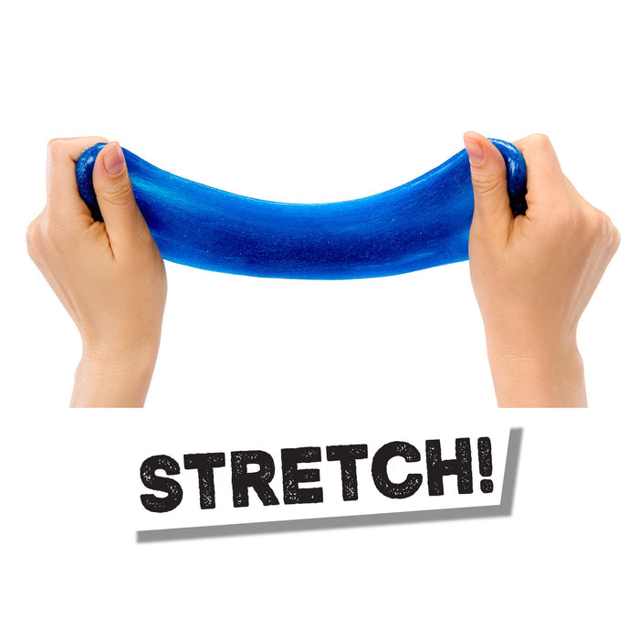 Blue stretchy substance being held between two hands with 'STRETCH!' text below.
