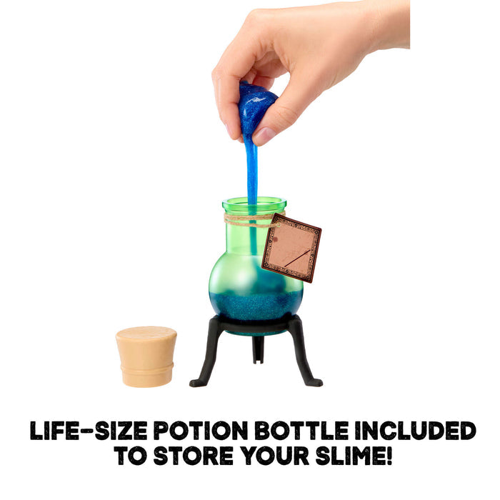Life-size potion bottle with blue slime being poured into it, next to a small container on a white background.