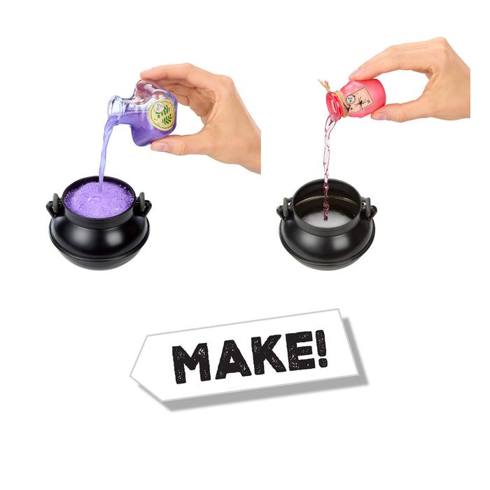 Two hands pouring liquids into black cauldrons with a 'MAKE!' sign below on a white background.