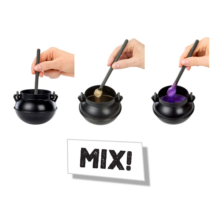 Three black cauldrons with stirring sticks, each containing different colored liquids, with a 'MIX!' sign below.