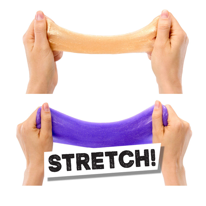 Hands stretching a purple and orange stretchy band with 'STRETCH!' text on a white background