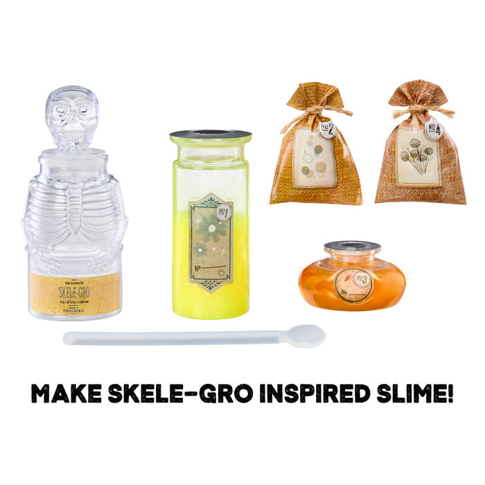 Skele-Gro inspired slime-making products including a skeleton-shaped container, jars, and bags with labels on a white background.