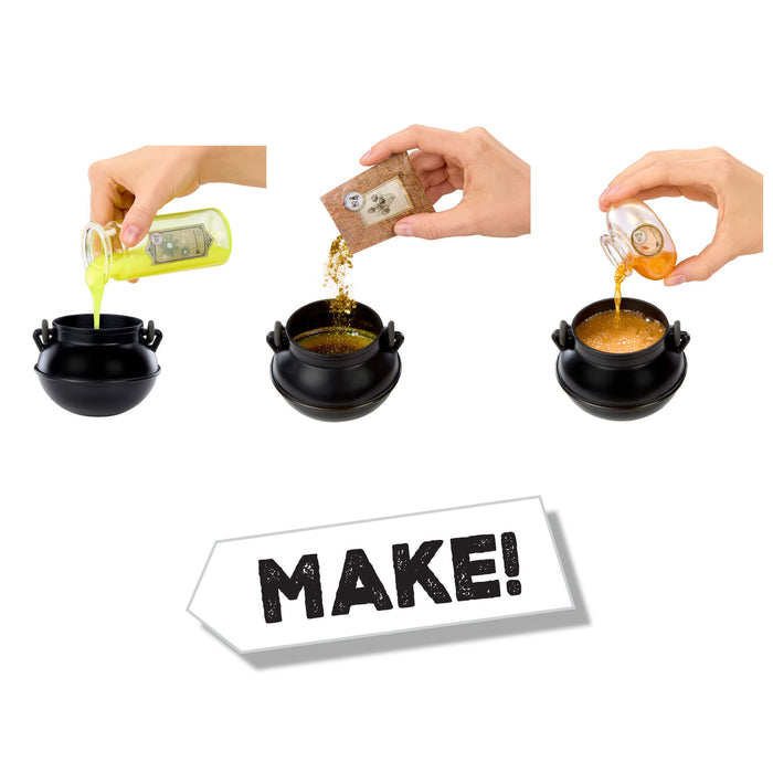 Step-by-step process of making a drink with ingredients, shown in three stages.
