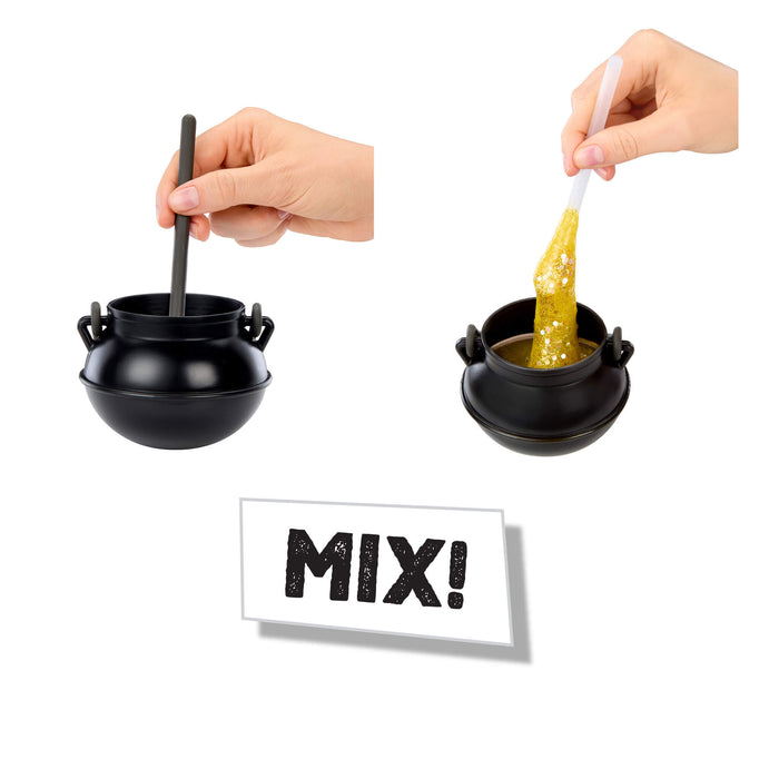 Two black cauldron-shaped containers with spoons and a sign saying 'MIX!' on a white background.