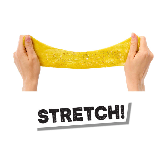 Yellow slime being stretched with a 'STRETCH!' sign below on a white background