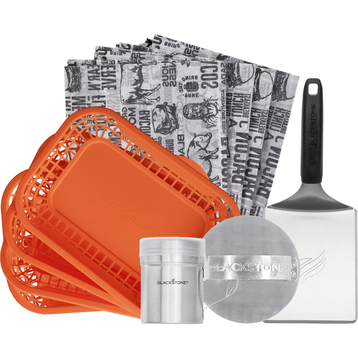 Smash and Serve Burger Kit includes XL burger spatula, 7in smash burger press, spice dredge, 4 burger baskets, and 20 burger basket liners.